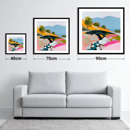Vibrant Ashness Bridge Borrowdale - size guide showing 40cm, 70cm and 90cm art prints