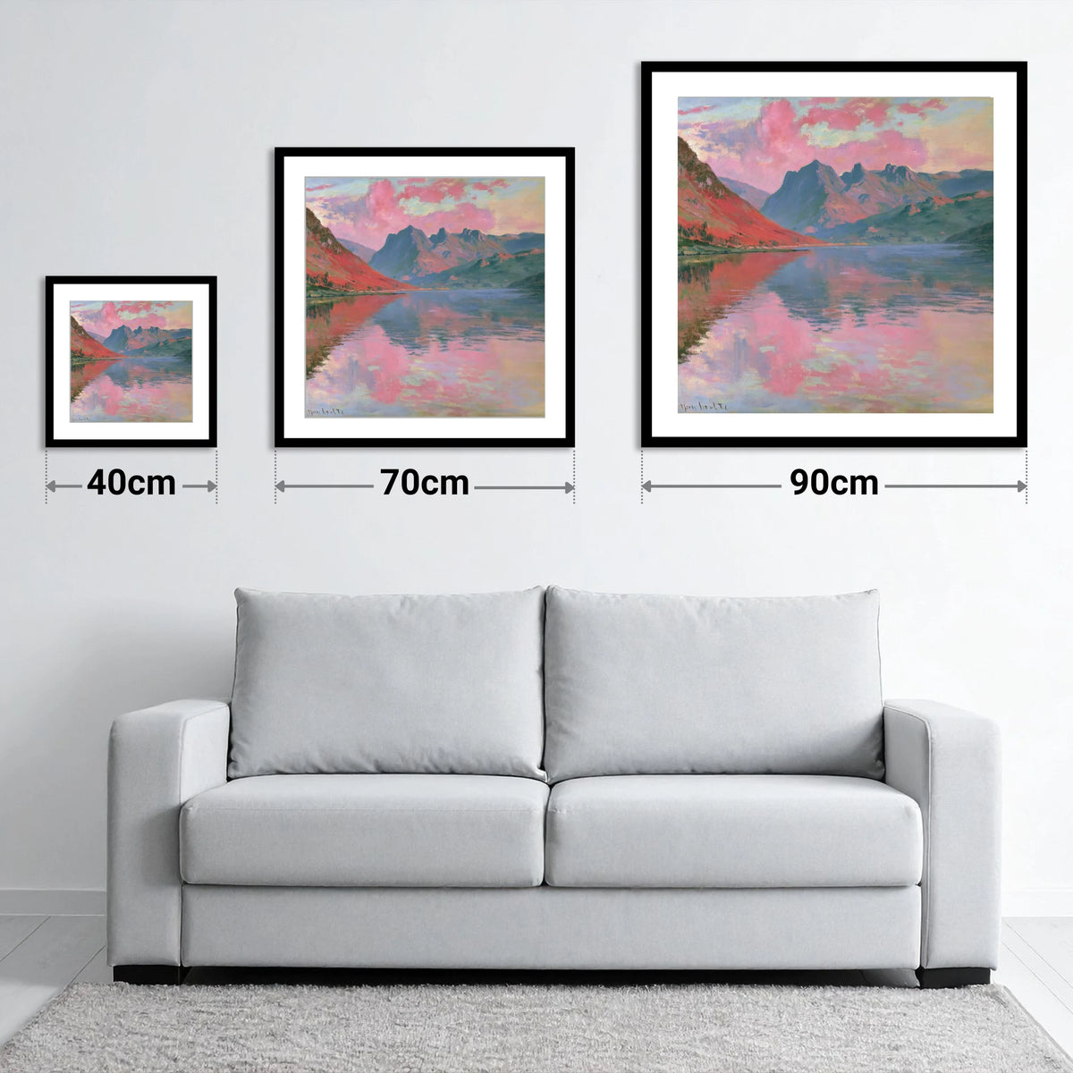 Loweswater Beneath Pink Sunset Skies - size guide showing 40cm, 70cm and 90cm art prints