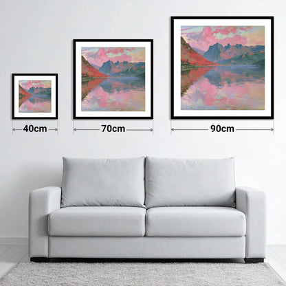 Loweswater Beneath Pink Sunset Skies - size guide showing 40cm, 70cm and 90cm art prints