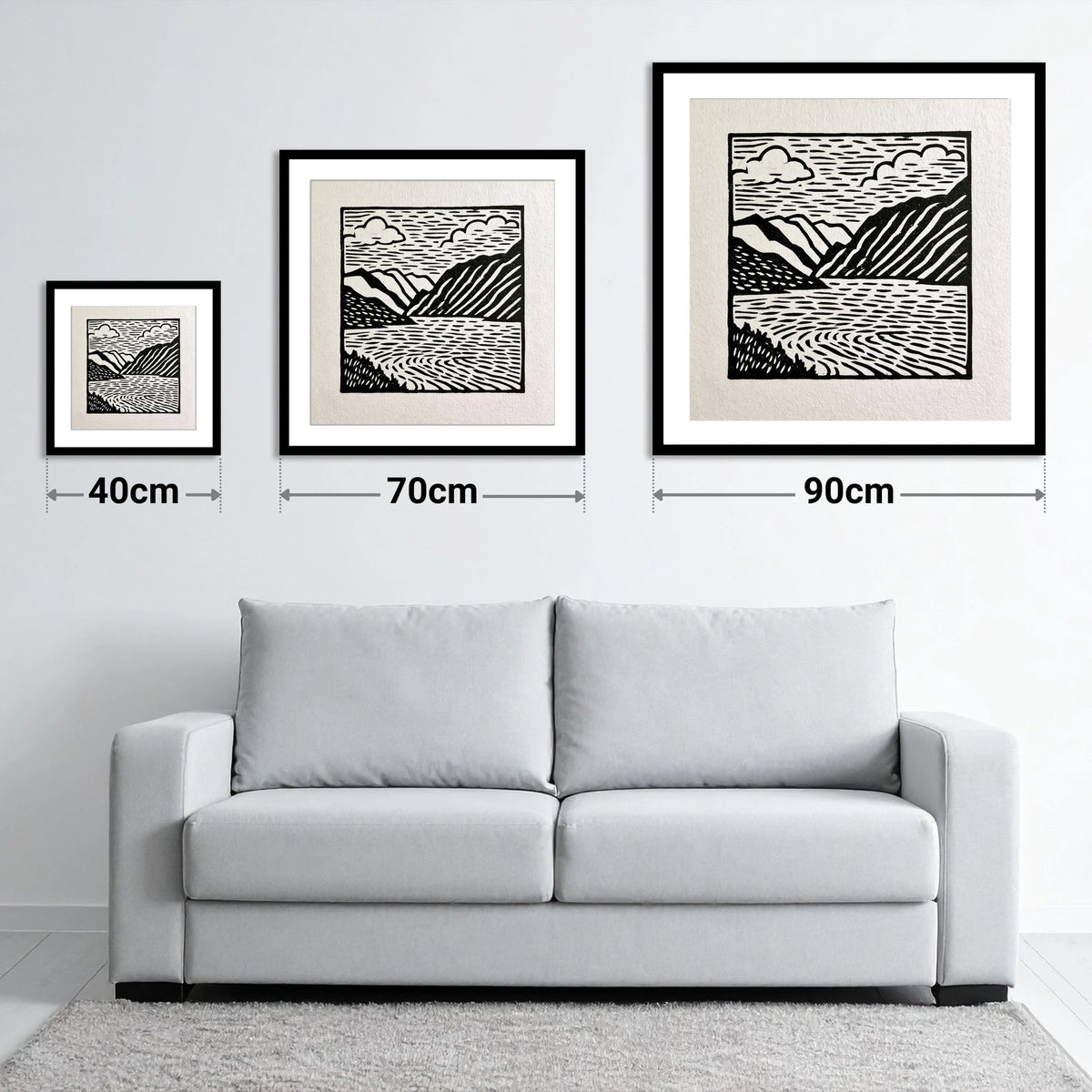 Graphic Monochrome Lake and Fells - size guide showing 40cm, 70cm and 90cm art prints
