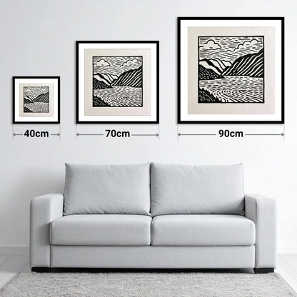 Graphic Monochrome Lake and Fells - size guide showing 40cm, 70cm and 90cm art prints