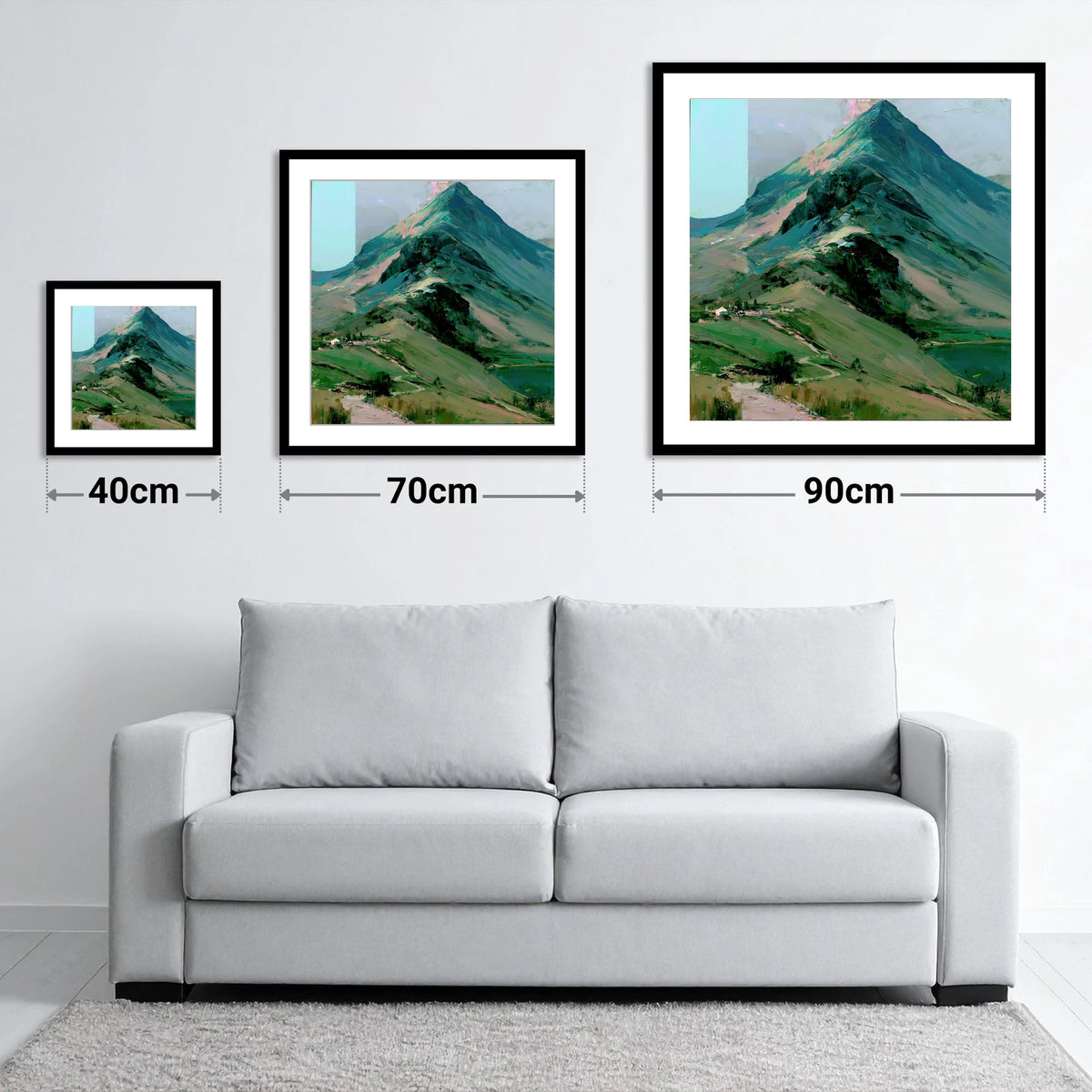 Bold Green Lake District Mountain - size guide showing 40cm, 70cm and 90cm art prints