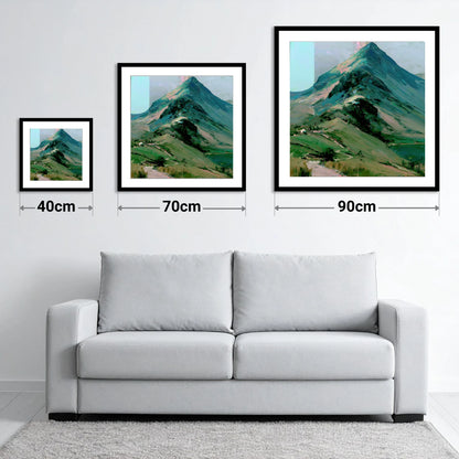Bold Green Lake District Mountain - size guide showing 40cm, 70cm and 90cm art prints