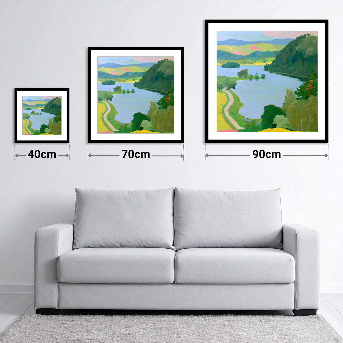 Vibrant Rydal Water Lakeside Path - size guide showing 40cm, 70cm and 90cm art prints