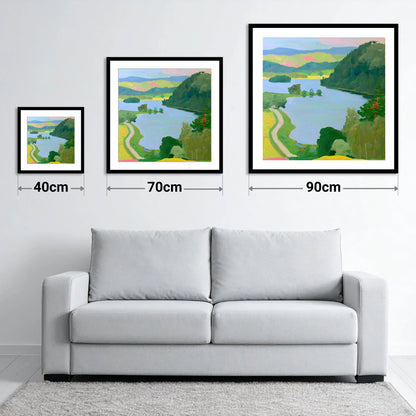 Vibrant Rydal Water Lakeside Path - size guide showing 40cm, 70cm and 90cm art prints