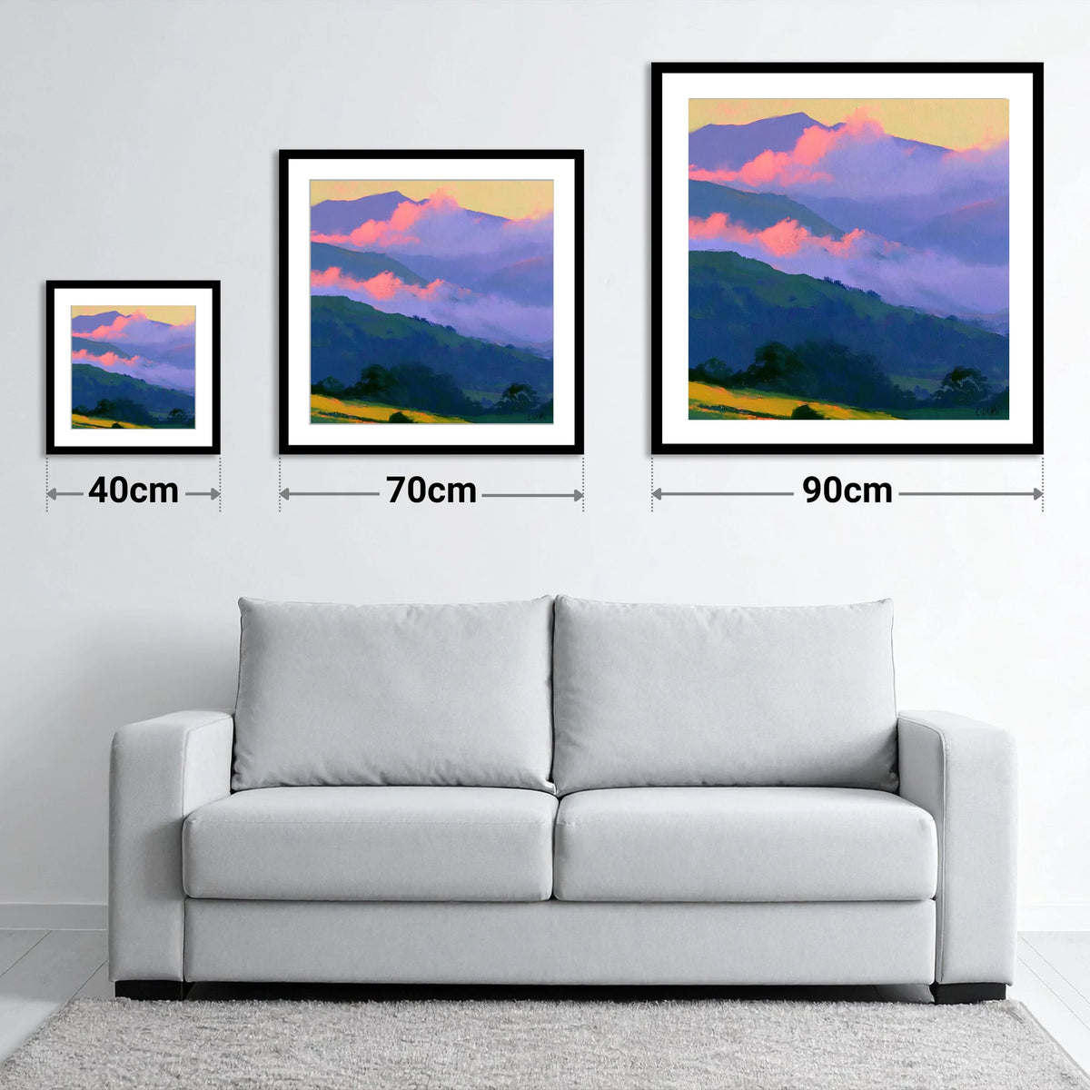 Pink Clouds Over Rolling Fells - size guide showing 40cm, 70cm and 90cm art prints