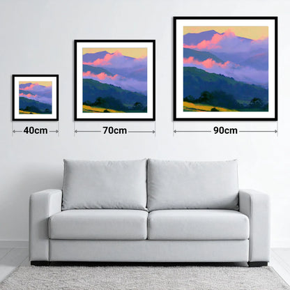 Pink Clouds Over Rolling Fells - size guide showing 40cm, 70cm and 90cm art prints