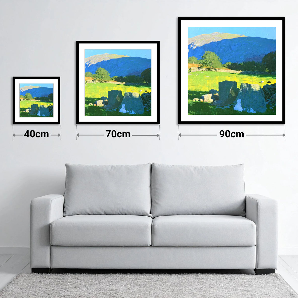 Vibrant Pastures Below Kentmere Pike - size guide showing 40cm, 70cm and 90cm art prints