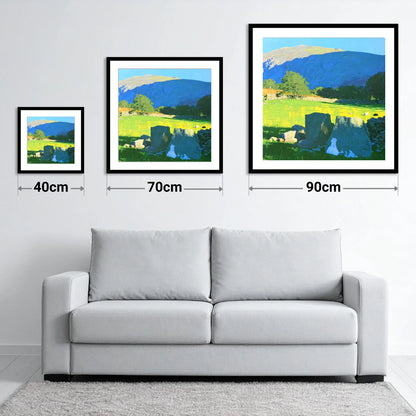 Vibrant Pastures Below Kentmere Pike - size guide showing 40cm, 70cm and 90cm art prints
