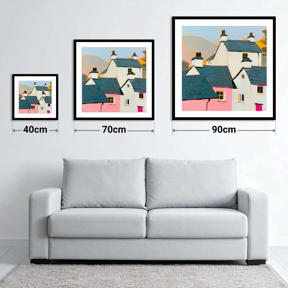 Vibrant Slate Roofed Cottages - size guide showing 40cm, 70cm and 90cm art prints