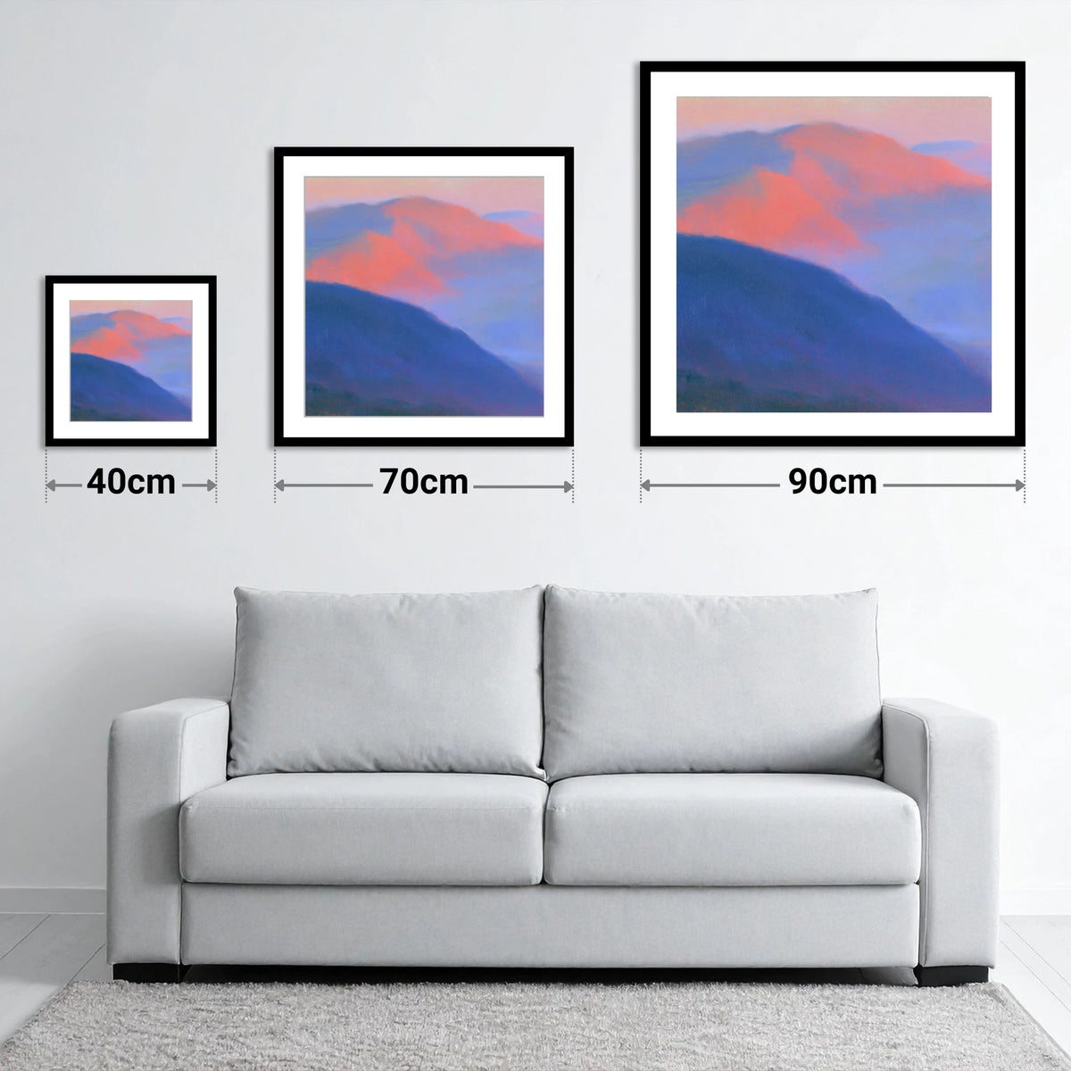 Pink Twilight Over Summit Fells - size guide showing 40cm, 70cm and 90cm art prints