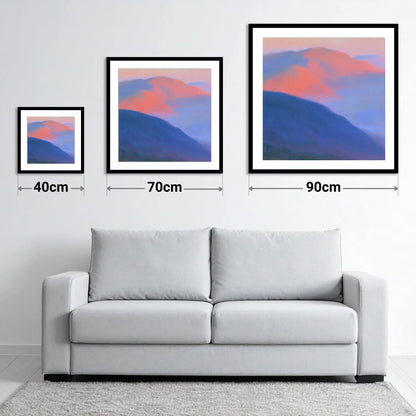 Pink Twilight Over Summit Fells - size guide showing 40cm, 70cm and 90cm art prints