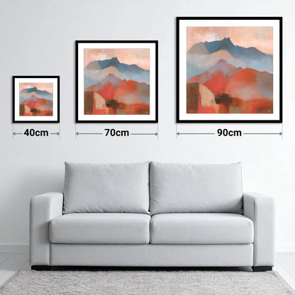 Terracotta and Slate Mountain Ridge - size guide showing 40cm, 70cm and 90cm art prints