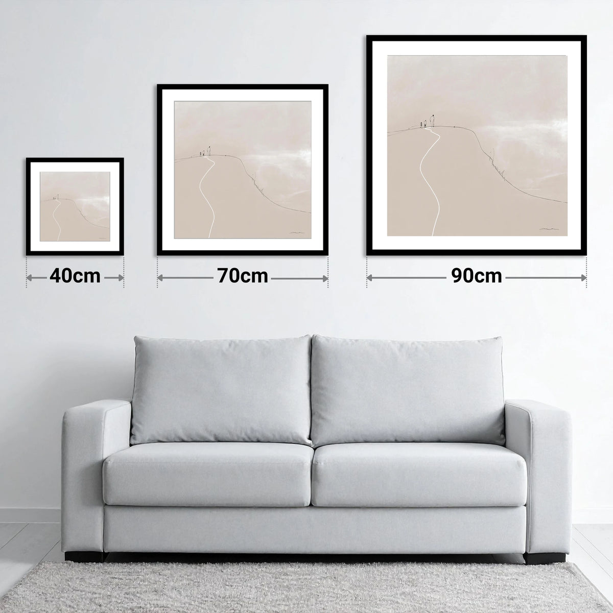 Walkers on a Winding Fell Path - size guide showing 40cm, 70cm and 90cm art prints