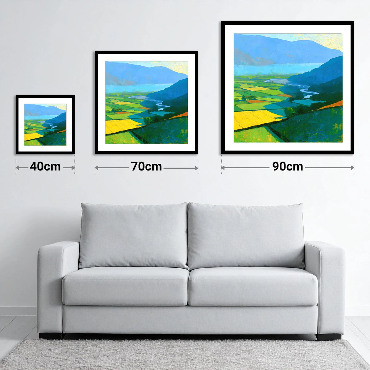 Sunlit Valley Fields and Winding River - size guide showing 40cm, 70cm and 90cm art prints