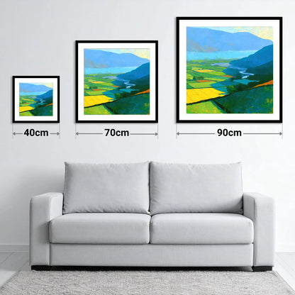 Sunlit Valley Fields and Winding River - size guide showing 40cm, 70cm and 90cm art prints