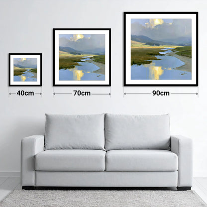 Winding River Below Rolling Fells - size guide showing 40cm, 70cm and 90cm art prints