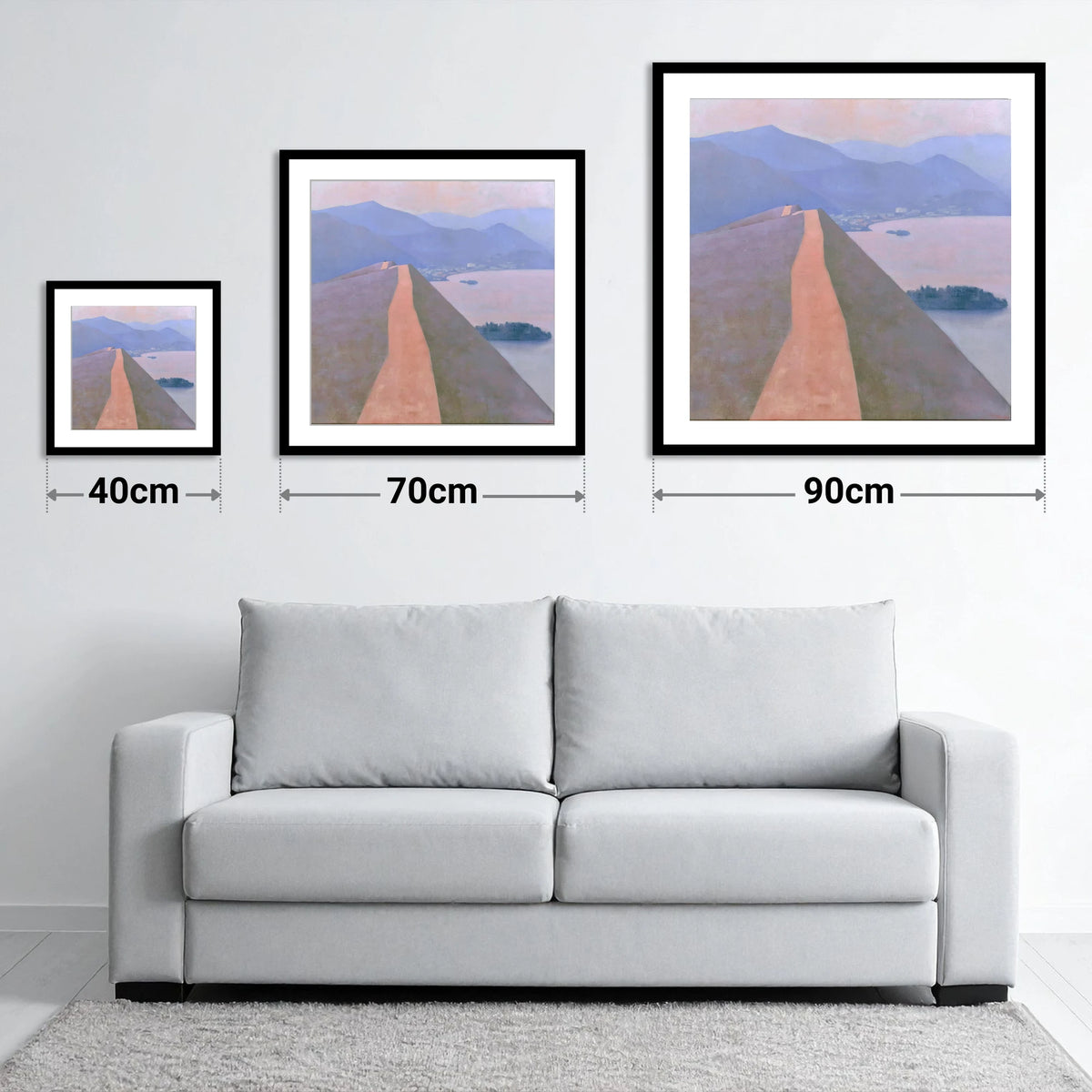 Cat Bells Path Above Derwentwater - size guide showing 40cm, 70cm and 90cm art prints