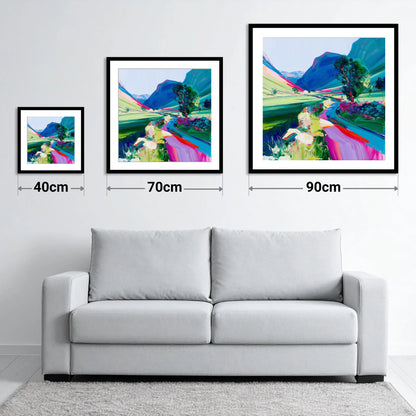 Bold Drystone Wall Valley Pass - size guide showing 40cm, 70cm and 90cm art prints
