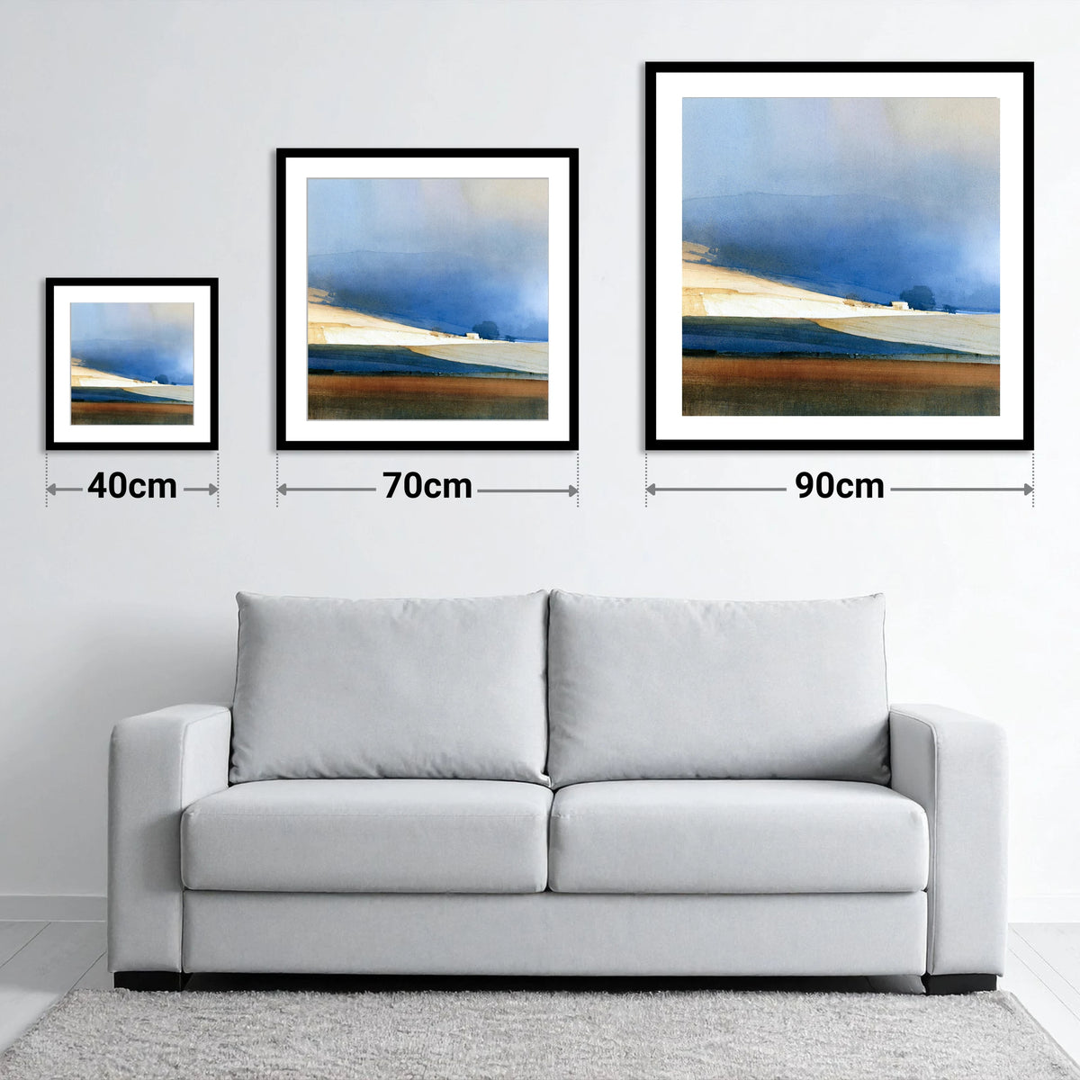 Patchwork Fields Under Indigo Sky - size guide showing 40cm, 70cm and 90cm art prints