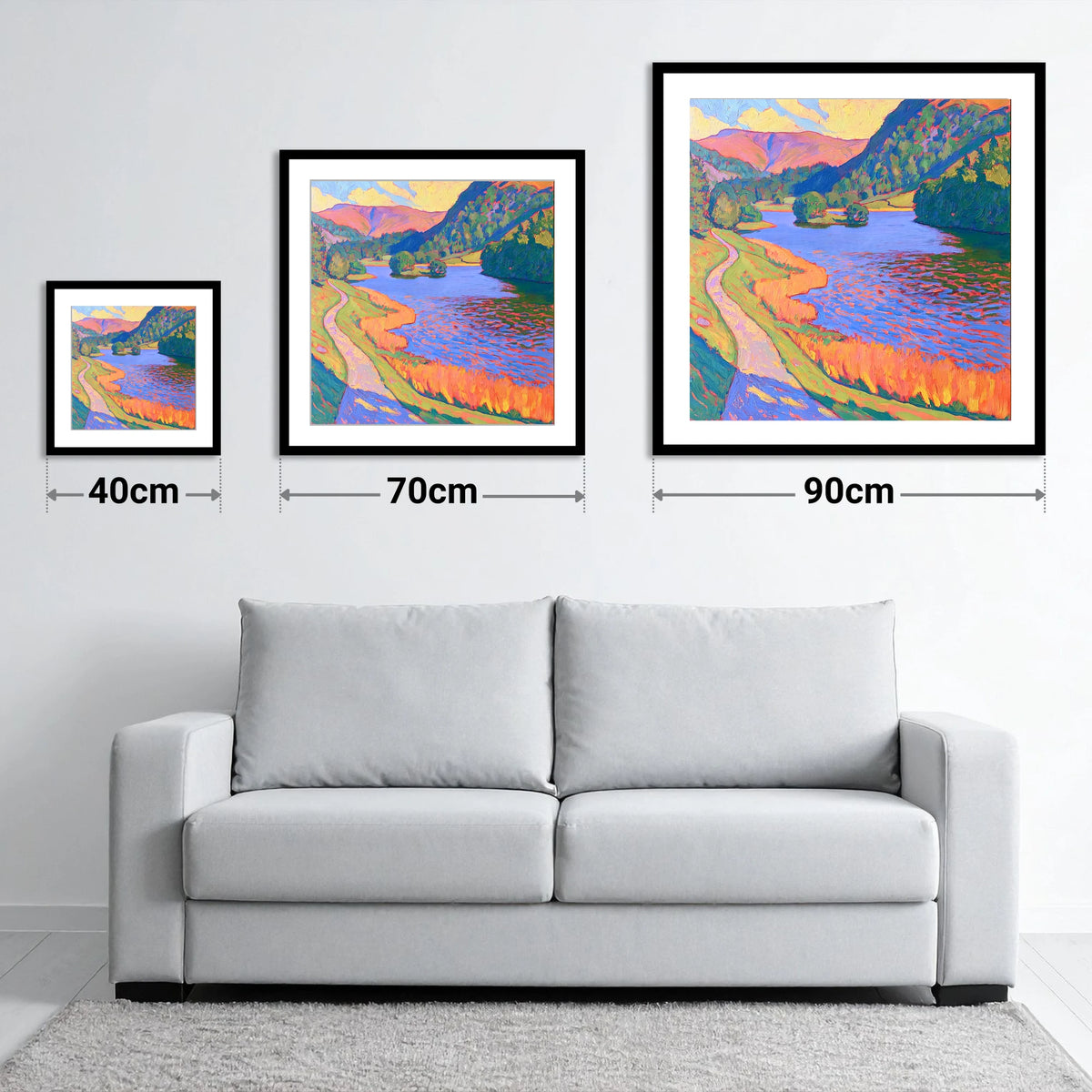 Vivid Path Beside Rydal Water - size guide showing 40cm, 70cm and 90cm art prints