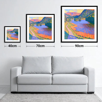 Vivid Path Beside Rydal Water - size guide showing 40cm, 70cm and 90cm art prints