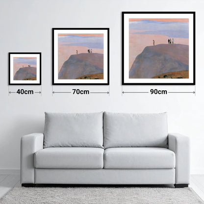 Fell Top Walkers at Dusk - size guide showing 40cm, 70cm and 90cm art prints