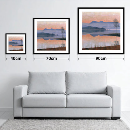 Still Lake at Pastel Dawn - size guide showing 40cm, 70cm and 90cm art prints