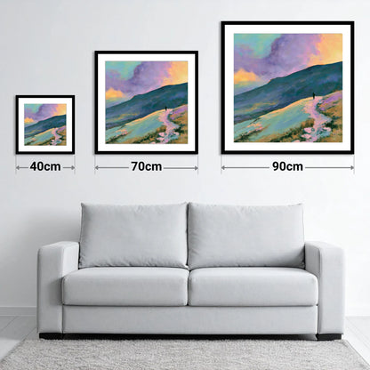 Lone Hiker Under Pastel Skies - size guide showing 40cm, 70cm and 90cm art prints
