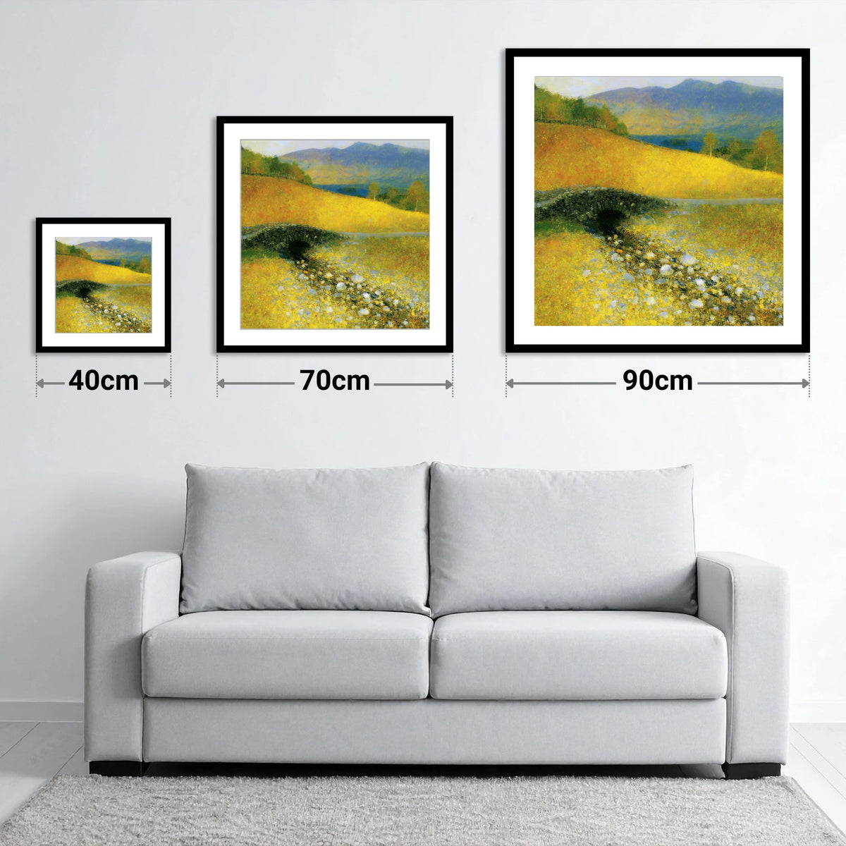 Golden Light Over Ashness Bridge - size guide showing 40cm, 70cm and 90cm art prints