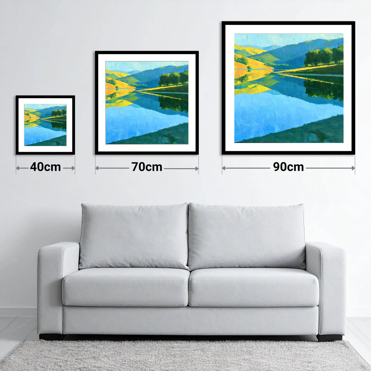Sunlit Fells Mirrored in Blue Water - size guide showing 40cm, 70cm and 90cm art prints