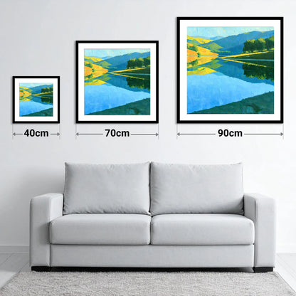Sunlit Fells Mirrored in Blue Water - size guide showing 40cm, 70cm and 90cm art prints