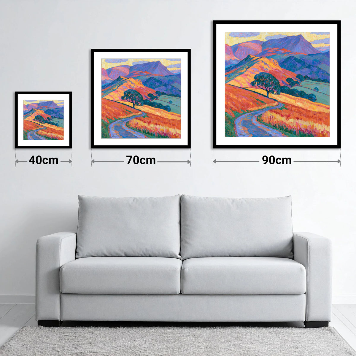 Golden Fell Track and Violet Peaks - size guide showing 40cm, 70cm and 90cm art prints