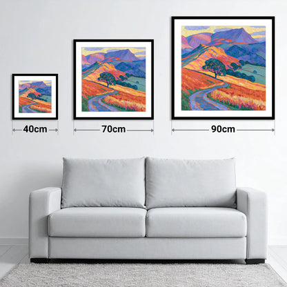 Golden Fell Track and Violet Peaks - size guide showing 40cm, 70cm and 90cm art prints