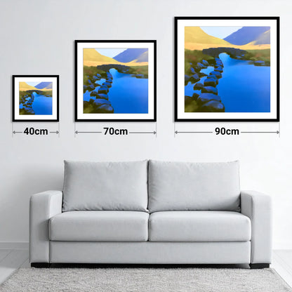 Vibrant Blue Stream and Bridge - size guide showing 40cm, 70cm and 90cm art prints