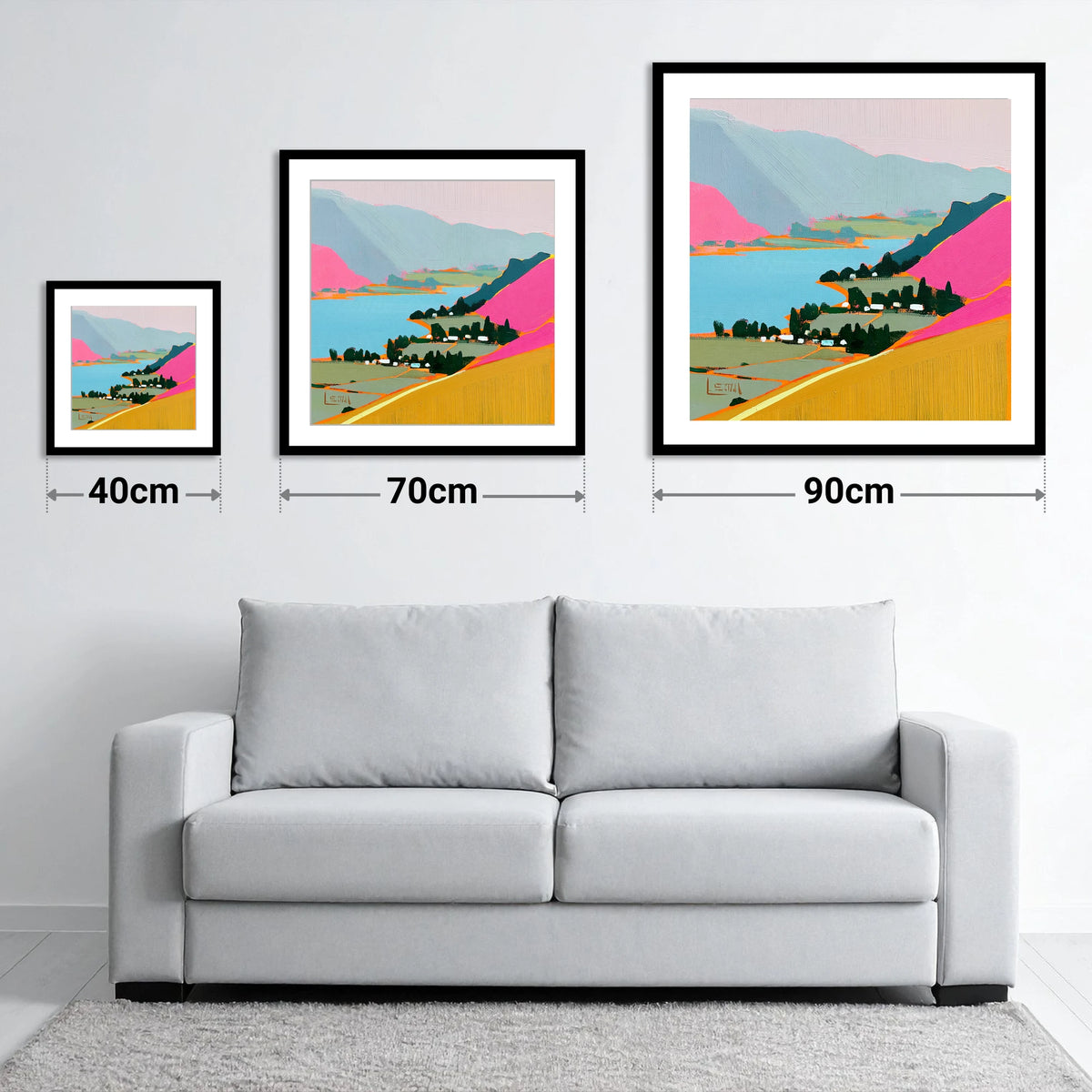 Vibrant Ullswater from Place Fell - size guide showing 40cm, 70cm and 90cm art prints