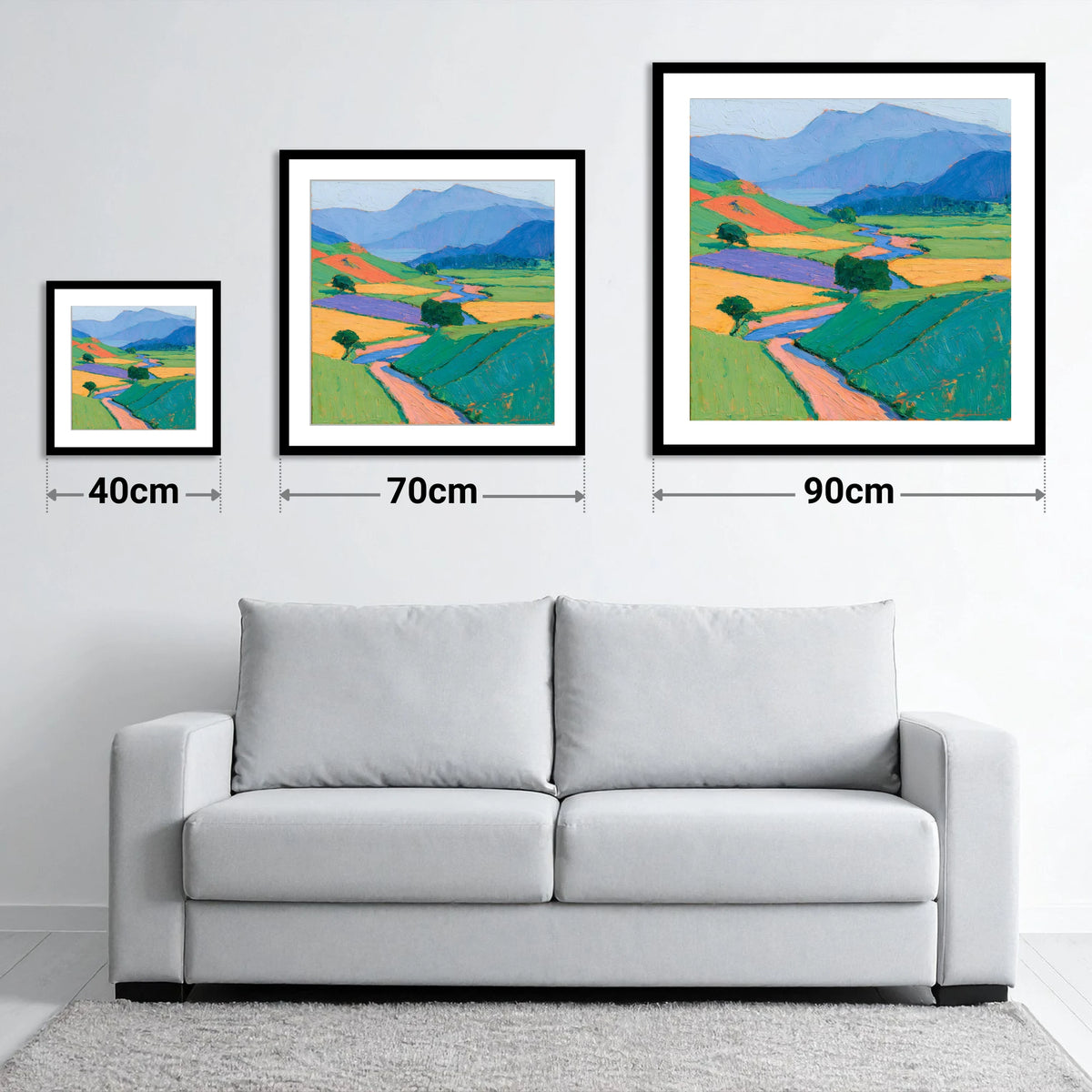 Vibrant Valley in Morning Mist - size guide showing 40cm, 70cm and 90cm art prints