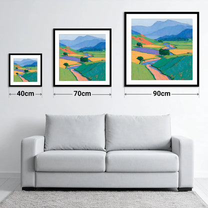 Vibrant Valley in Morning Mist - size guide showing 40cm, 70cm and 90cm art prints