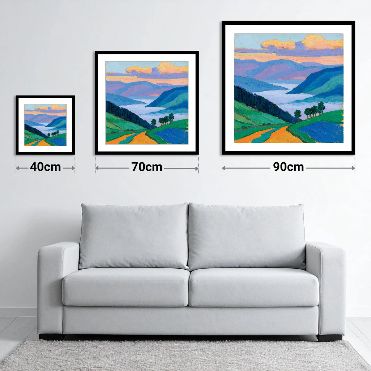 Morning Mist Over Vibrant Valley - size guide showing 40cm, 70cm and 90cm art prints