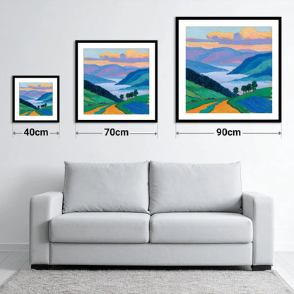 Morning Mist Over Vibrant Valley - size guide showing 40cm, 70cm and 90cm art prints