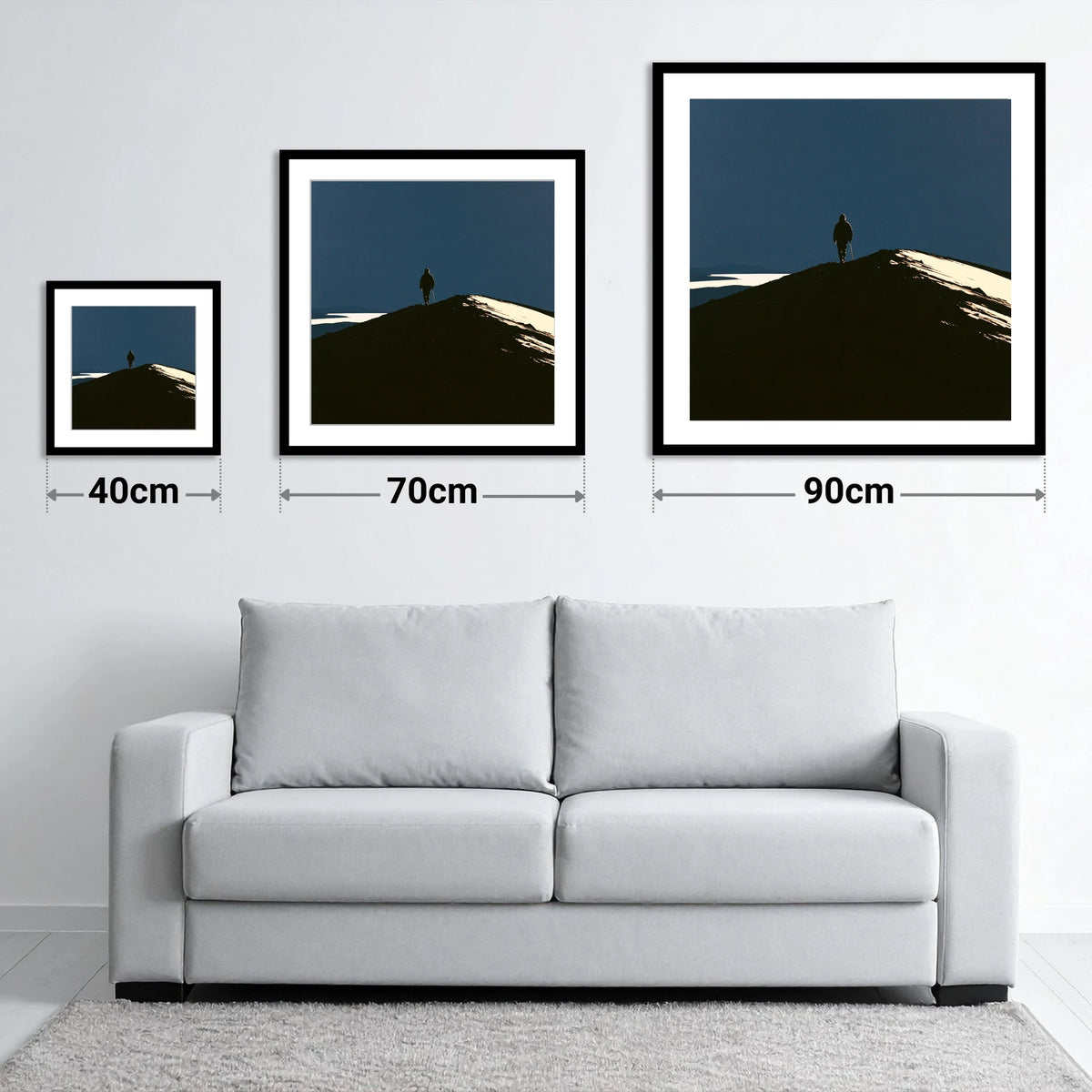 Twilight Silhouette on Skiddaw Ridge - size guide showing 40cm, 70cm and 90cm art prints