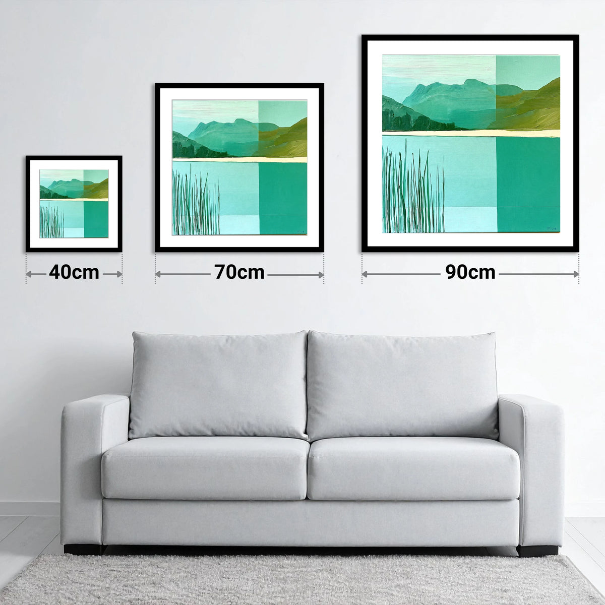 Teal Reeds at Elterwater - size guide showing 40cm, 70cm and 90cm art prints