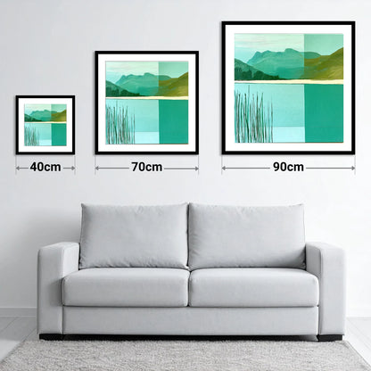 Teal Reeds at Elterwater - size guide showing 40cm, 70cm and 90cm art prints