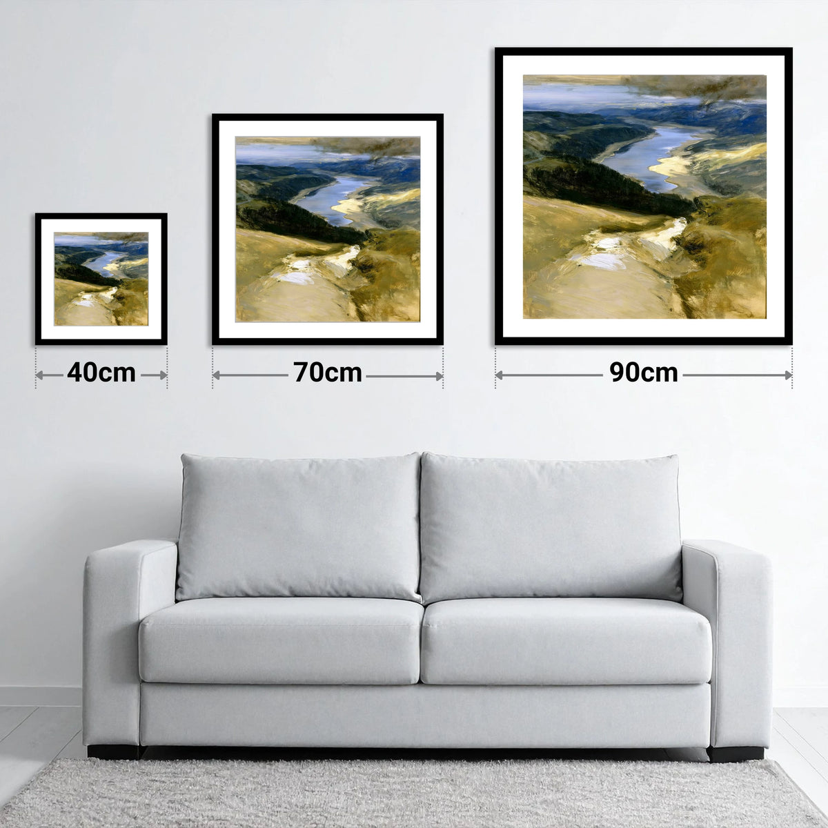 Thirlmere From The Helvellyn Path - size guide showing 40cm, 70cm and 90cm art prints