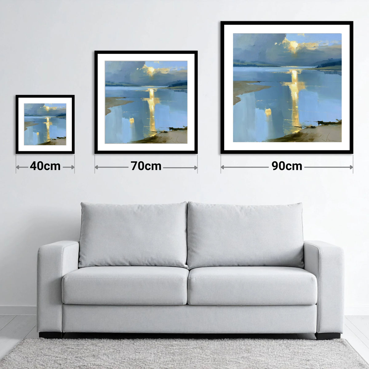 Sunset Breaking Over the Lake - size guide showing 40cm, 70cm and 90cm art prints