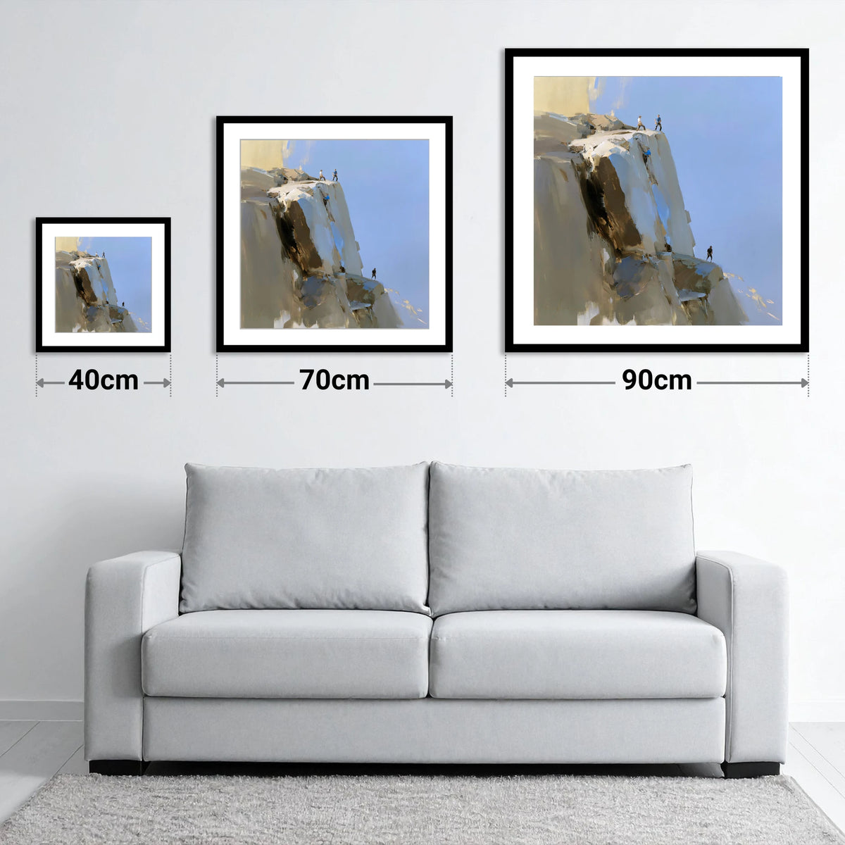 Climbers on a Sunlit Crag - size guide showing 40cm, 70cm and 90cm art prints