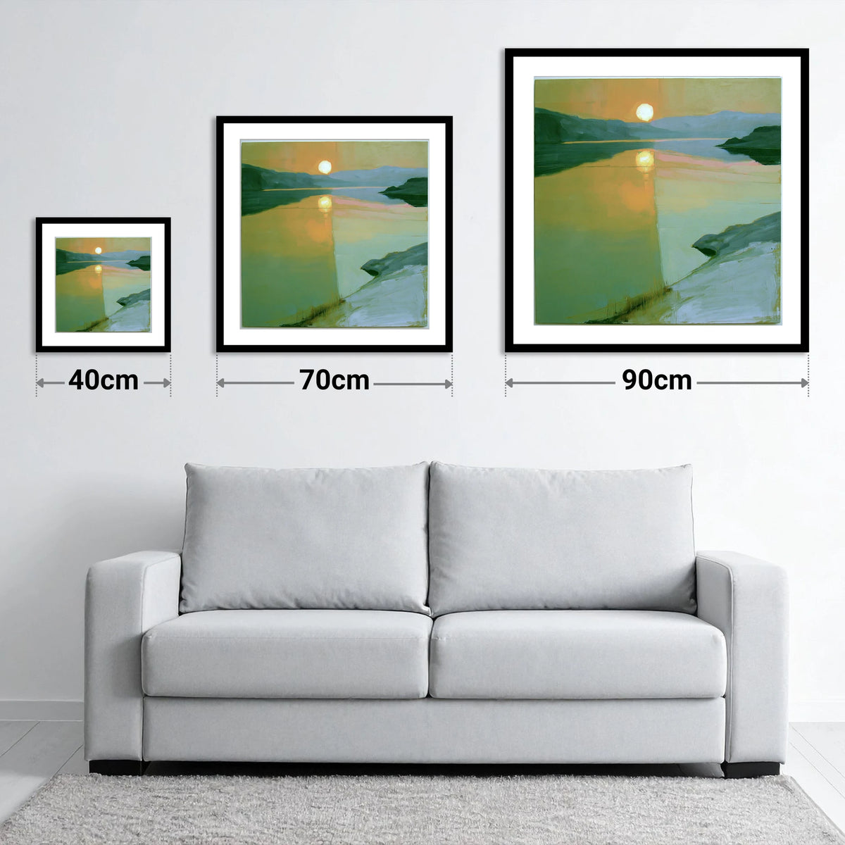 Lake Sunset in Sage Green - size guide showing 40cm, 70cm and 90cm art prints