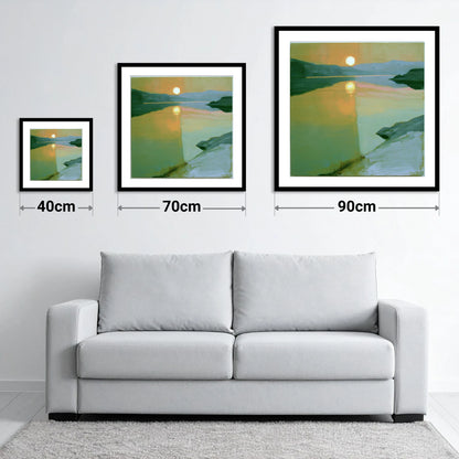 Lake Sunset in Sage Green - size guide showing 40cm, 70cm and 90cm art prints