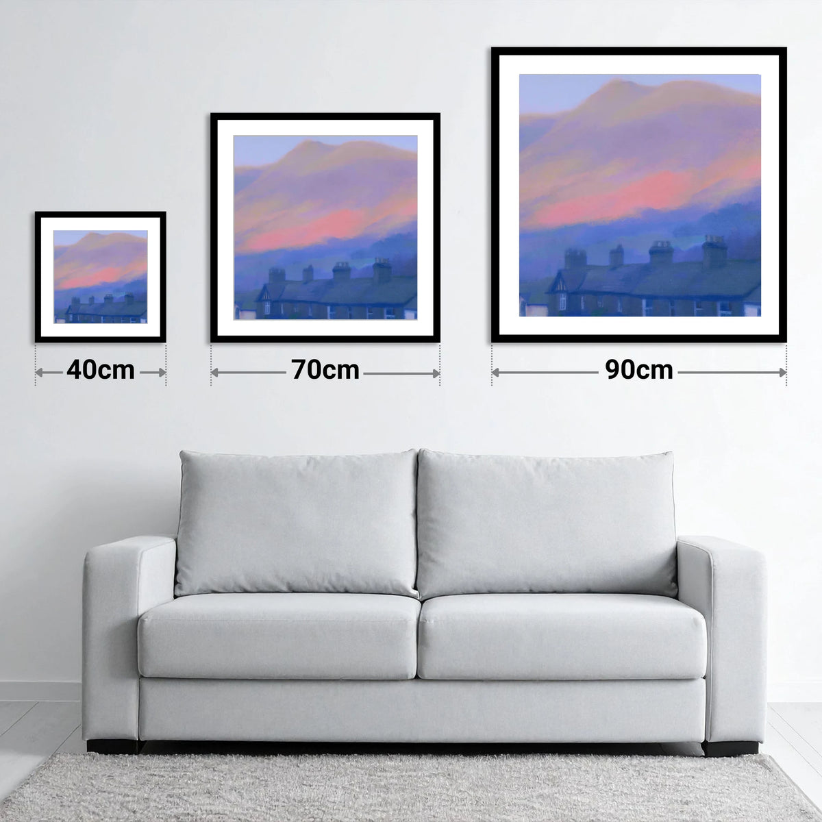 Skiddaw and Keswick Pastel Twilight - size guide showing 40cm, 70cm and 90cm art prints