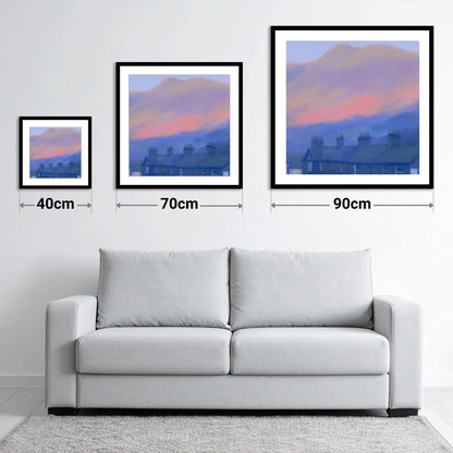 Skiddaw and Keswick Pastel Twilight - size guide showing 40cm, 70cm and 90cm art prints
